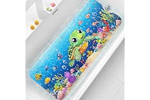 XIYUNTE Baby Bath Mat for Tub Non Slip Kids Bath Mat - 40''x16'' Extra Long Cartoon Turtle Baby Bath Tub Mat Eco-Friendly Toddler Bath Mats with Suction Cups & Drain Holes, Easy to Clean & Easy Drying