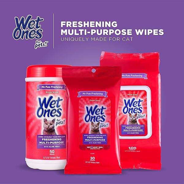 WET ONES FOR CATS FRESHENING WIPES, MULTI-PURPOSE CAT GROOMING WIPES WITH ALOE VERA, HELPS REMOVE DIRT, ODOR, AND DANDER BETWEEN BATHS, FRESH SCENT, 50 COUNT