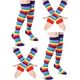 Syhood 2 Set Womens Rainbow Striped Knee High Socks Arm Warmer Fingerless Gloves Set for Girls Women Mardi Gras Themed Party