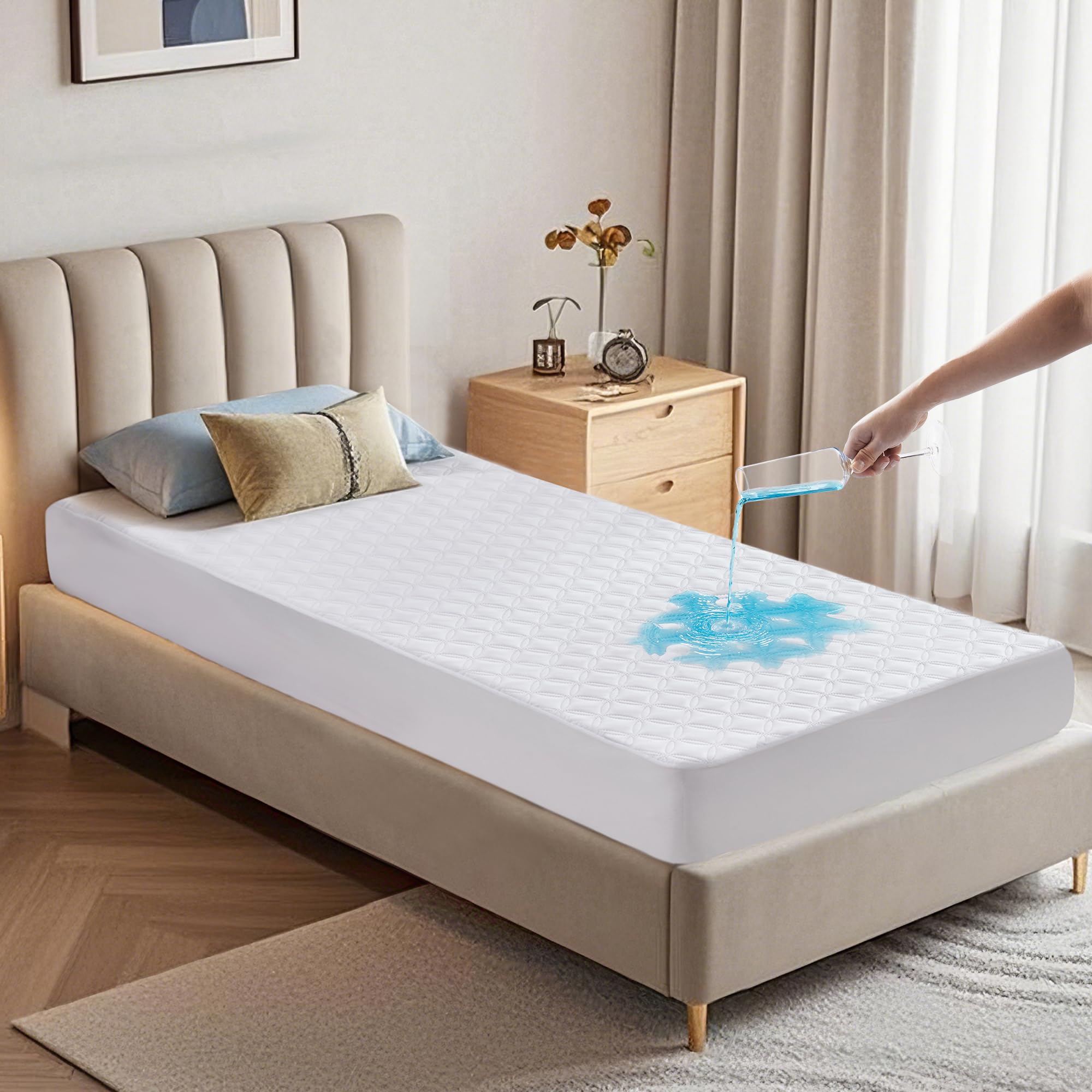 BEDLORE Waterproof Mattress Protector, Twin Size Mattress Pad with Deep Pocket Fitted Up to 6-15 inches, Soft Noiseless Single Bed Mattress Cover for Bedroom, Dorm Room (White)