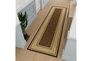 OTTOMANSON Machine Washable Bordered Design Non-Slip Rubberback 3x10 Traditional Runner Rug for Hallway, Kitchen, Bedroom, Living Room, 2'7" x 9'10", Brown