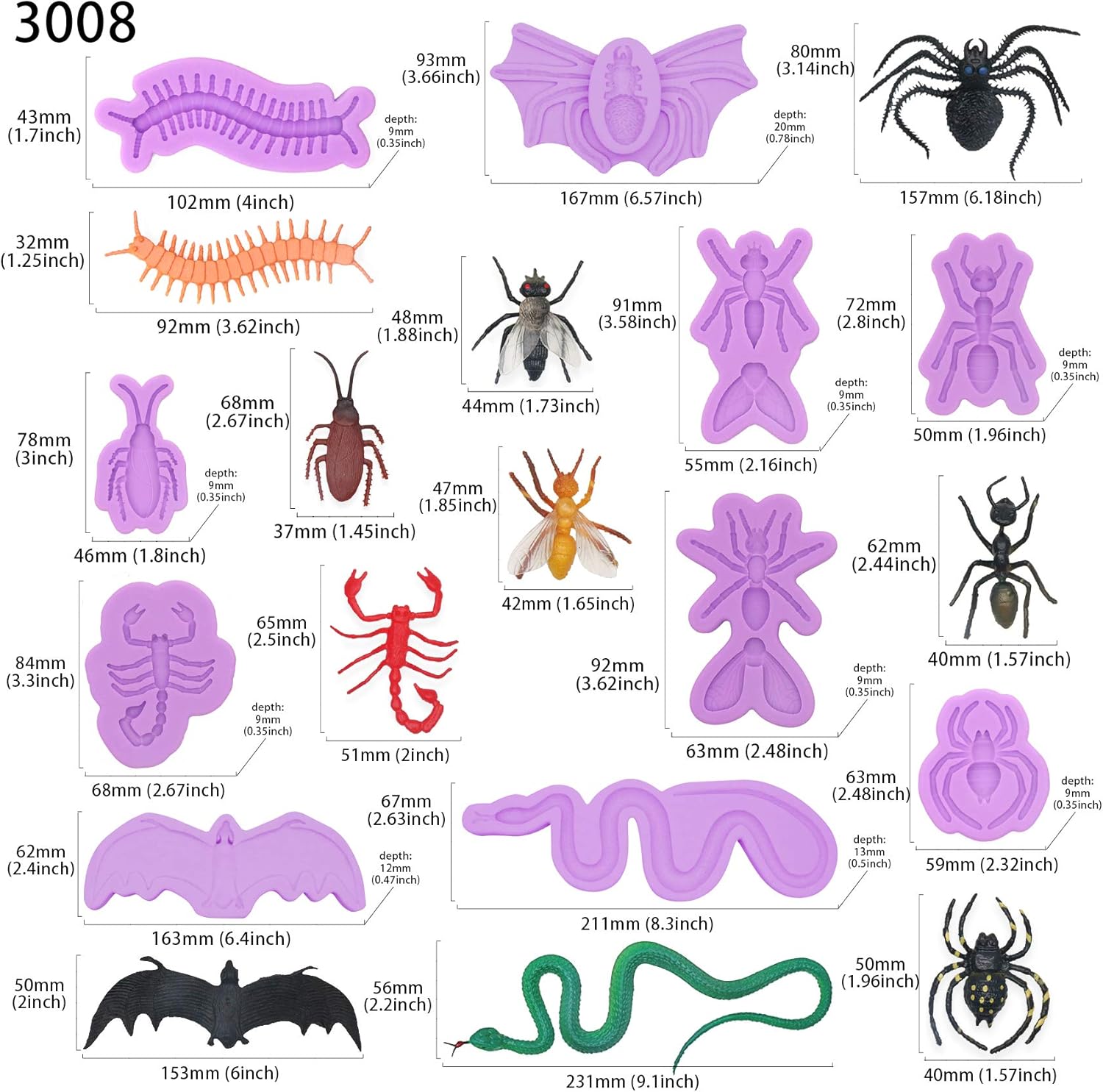 Resine Epoxy Chauve Souris Serpent Fourmis Termite Argile Polymere Moules En Silicone Effrayants Pour Fondant Cafard Cupcake Centipede Scorpion 10 Pieces Pour Decoration De Gateau Mouche Moules A Bonbons Et Chocolat Patisserie Napravi Rs