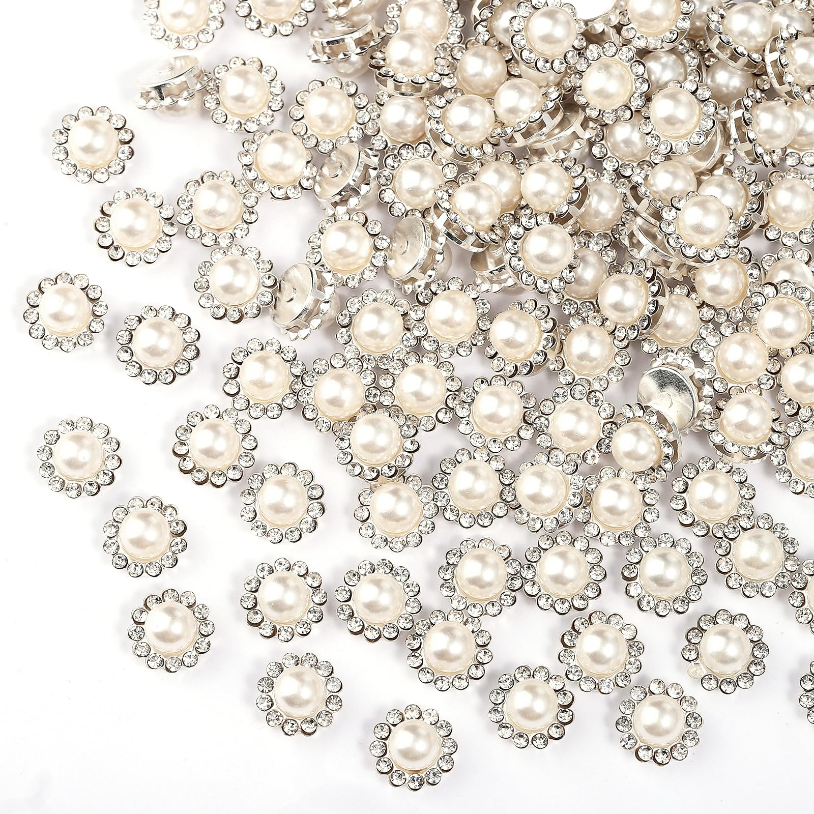 Photo 1 of 100 Pcs 12MM Sew on Rhinestones White Crystal Glass Metal Base Flower Shape?Flatback Pearls for Crafting?Sewing Accessories for Wedding Clothes and Shoes