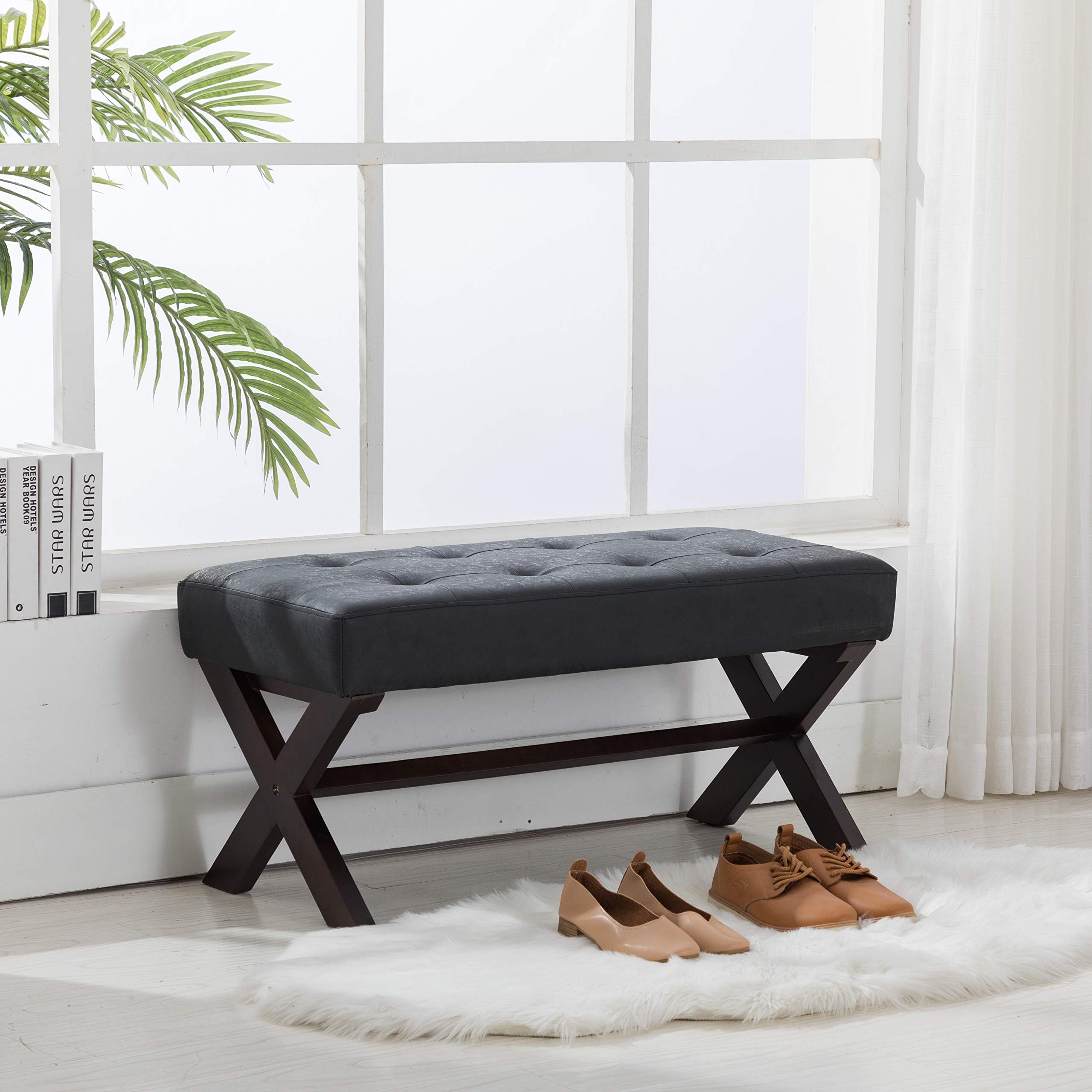 Upholstered Bedroom Benches, PU Leather Bed Side Ottoman with X-Shaped Espresso Wood Legs for Patio/Bedroom/Living Room/Dining Room/Hallway (Charcol)