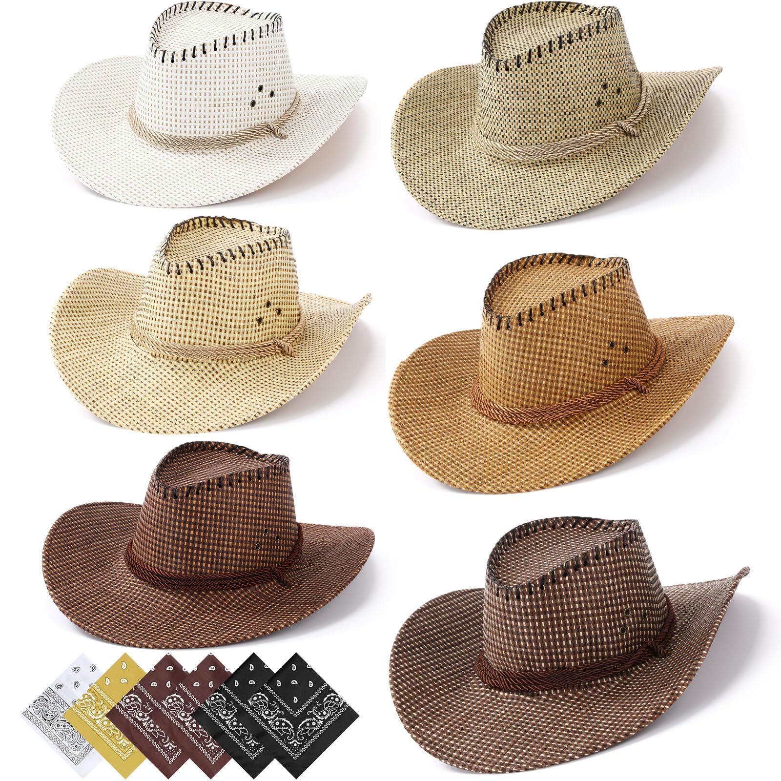 Photo 1 of Zhanmai 6 Pieces Cowboy Hats and Bandanas Bulk Western Cowboy Cowgirl Hats Costume Party Favors(Brown Series 4)