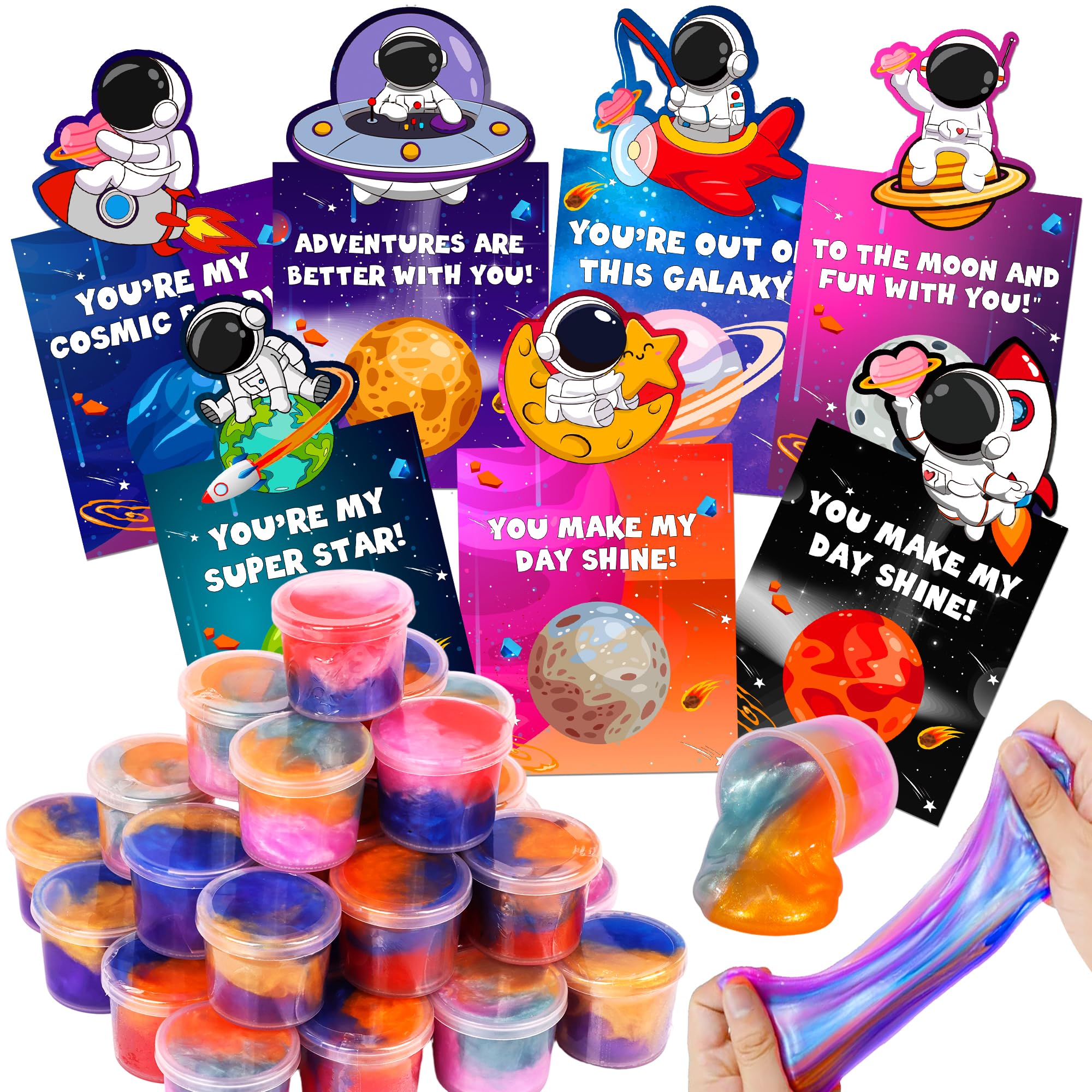 Photo 1 of 28 Pack Valentines Day Gifts for Kids Classroom, Galaxy Slime Kit Valentines Cards for Kids School Class, Valentines Day Slime Fidget Toys Valentines Exchange Cards Valentines Party Favors Boys Girls