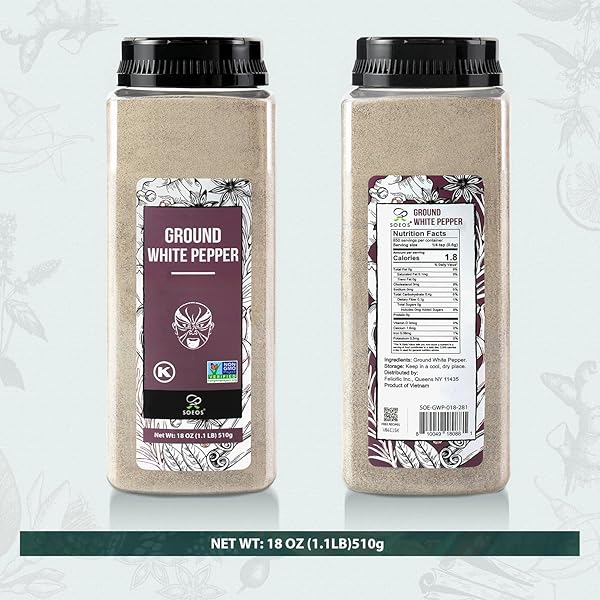 SOEOS FINE GROUND WHITE PEPPER 18OZ (510), NON-GMO, KOSHER VERIFIED, FRESHLY PACKED TO KEEP PEPPERS FRESH, FINE GRAIN, WHITE PEPPER POWDER, WHITE PEPPERCORNS POWDER, GROUND WHITE PEPPERCORNS.