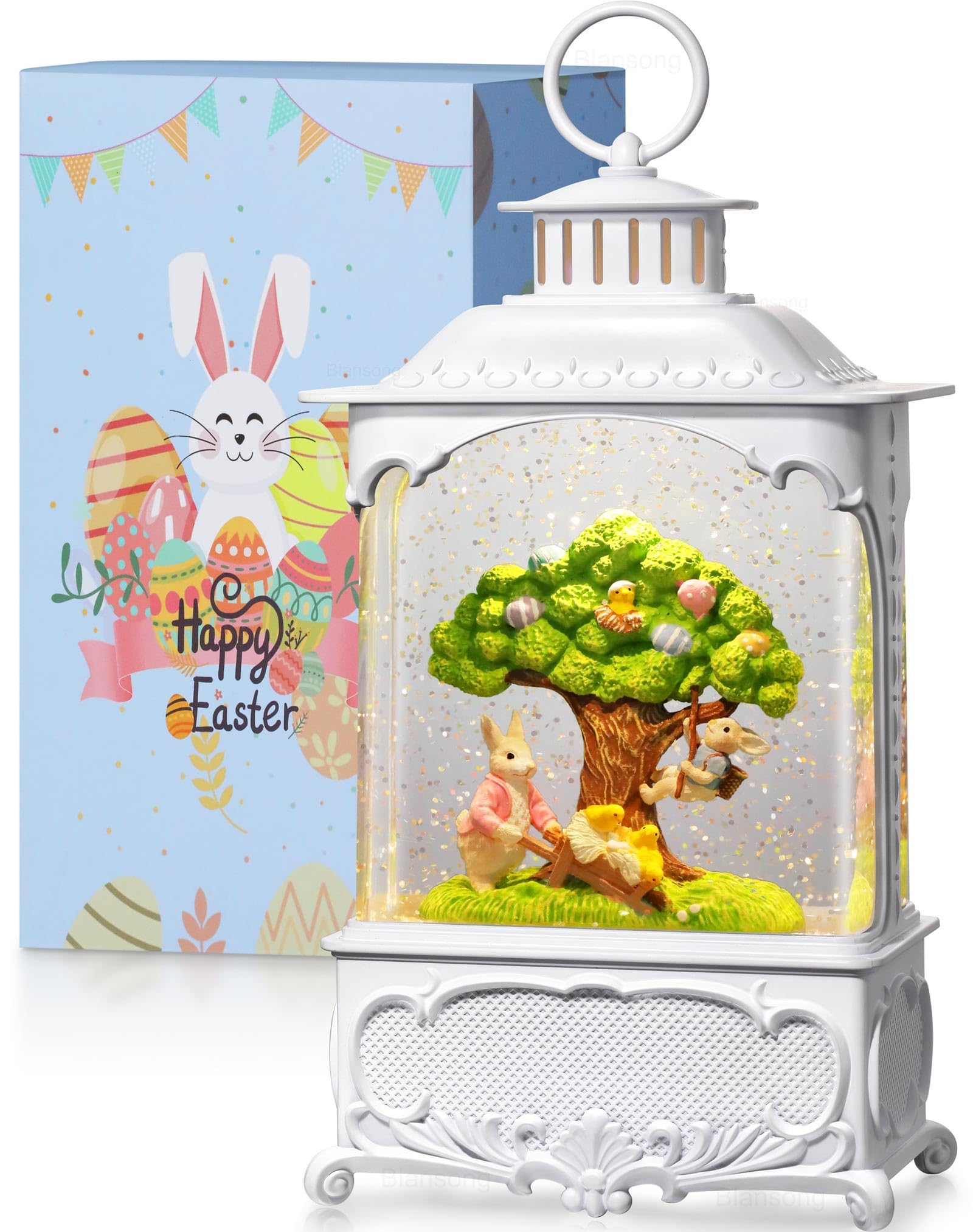 Blansong Easter Snow Globe Lantern Bunny Tree with Timer, USB and Battery Powered, Easter Decorations for Home Bunny Eggs Tree Chicken