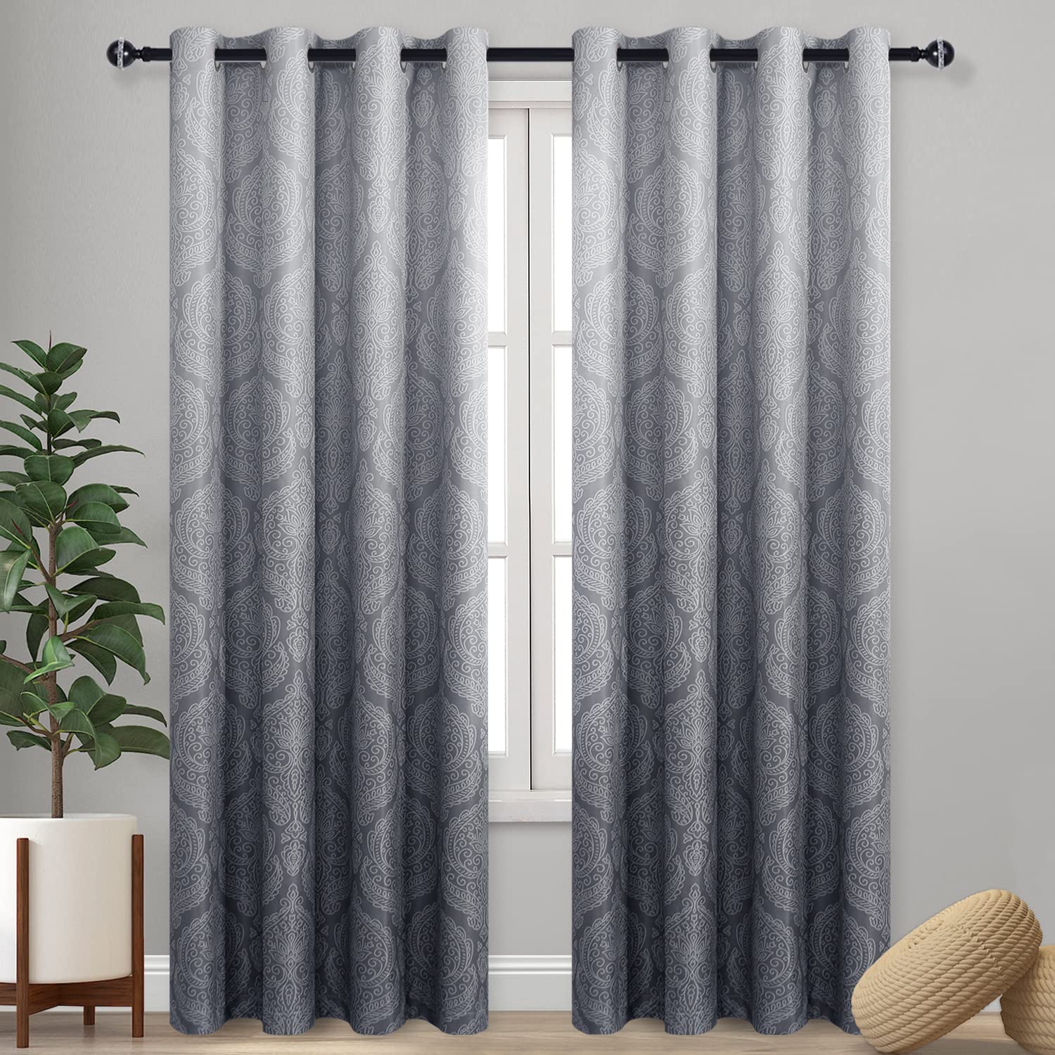 DWCN Ombre Blackout Curtains for Bedroom - Damask Patterned Thermal Insulated Energy Saving Grommet Curtains for Living Room, Set of 2 Gradient Window Curtain Panels, 52 x 96 Inches Long, Grey Image