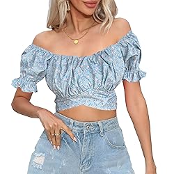 COOUFE Women's Crop Tops Ruffle Short Sleeve Tie