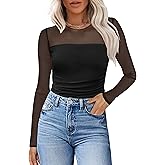 XIEERDUO Women's Sexy Sheer Long Sleeve Tops Crew Neck Mesh Ruched Going Out Shirts Blouse Date Night Outfits