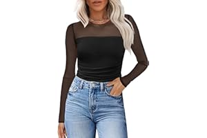 XIEERDUO Women's Sexy Sheer Long Sleeve Tops Crew Neck Mesh Ruched Going Out Shirts Blouse Date Night Outfits