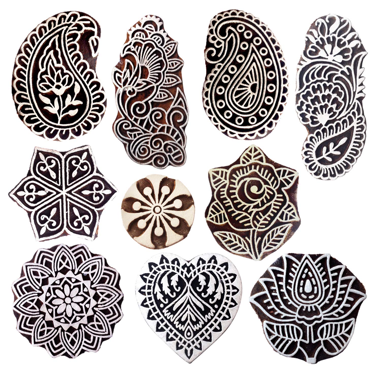 Royal Kraft Wooden Stamps for Block Printing on Saree Border, Textile, Clay, Pottery, Tattoo (Set of 10) MXtag0002