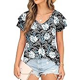 FREEOAK Womens Floral Tops Ruffle Sleeve Shirts for Women V Neck Loose Fit Casual Tee Tunics
