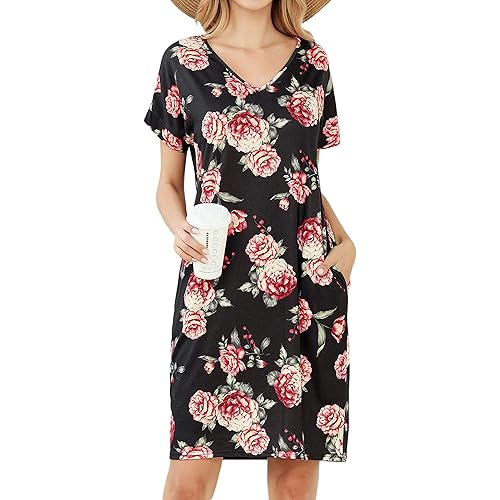 LittleMax Women's Summer Casual T Shirt Midi Dress Short Sleeve Sundress Nightgowns Pajamas Dresses with Pockets