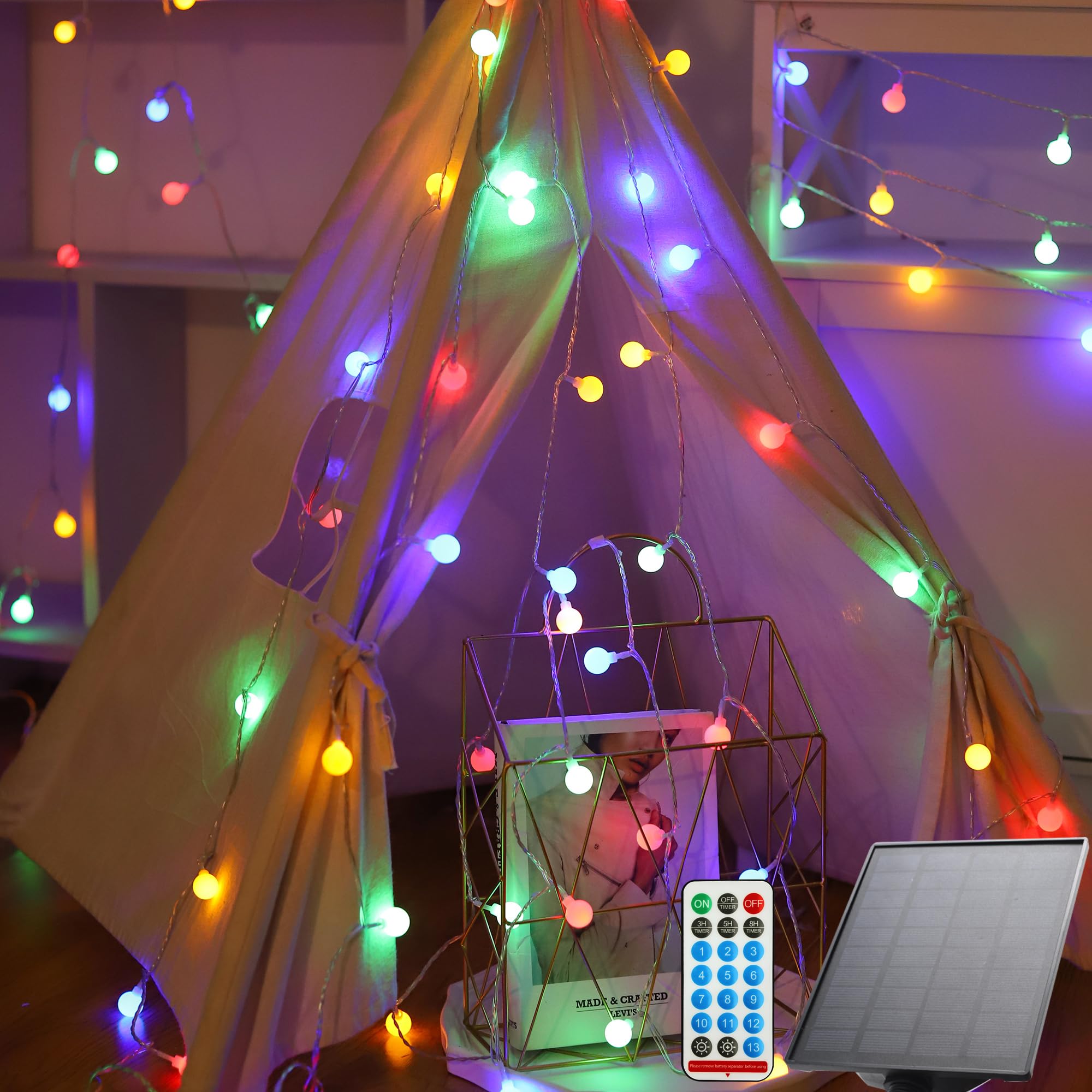 Photo 1 of FTEOYEL Solar Colorful Globe String Lights 103FT 200LED Multicolor String Lights 11 Lighting Modes with Remote for Porch Patio Bedroom Wedding Outdoor Decor (White, 103FT)