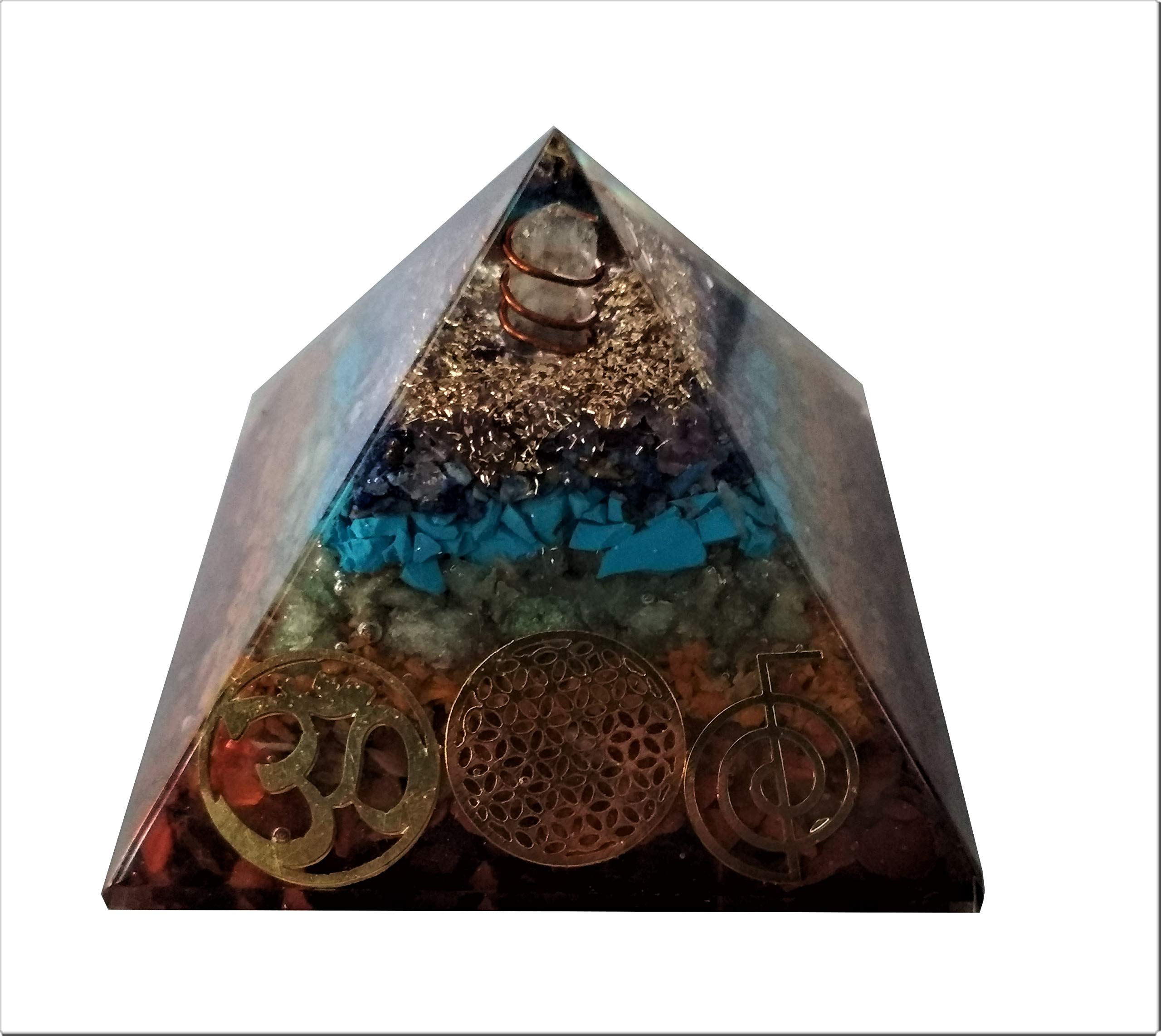 Purpledip Seven Chakra Pyramid with Reiki Symbols: Energy Field Of Amethyst, Lapis Lazuli, Green Aventurine, Camel Color Agate, Jasper Red, Red Cornelion & Copper (11513)