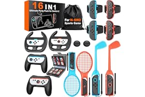 SPICAN Switch 2 Sports Accessories Bundle – 16 in 1 Family Party Kit for Nintendo Switch 2 Only, with Golf Clubs, Tennis Rackets, Steering Wheels, Wrist & Leg Straps, Grips, Card Case & Storage Bag