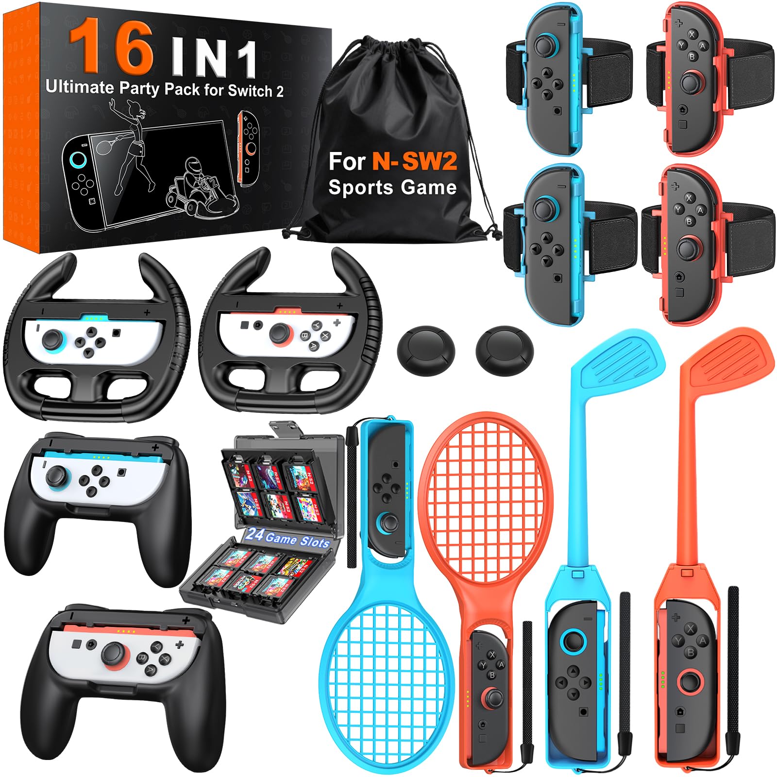 Switch 2 Sports Accessories Bundle – 16 in 1 Family Party Kit for Nintendo Switch 2 Only, with Golf Clubs, Tennis Rackets, Steering Wheels, Wrist & Leg Straps, Grips, Card Case & Storage Bag