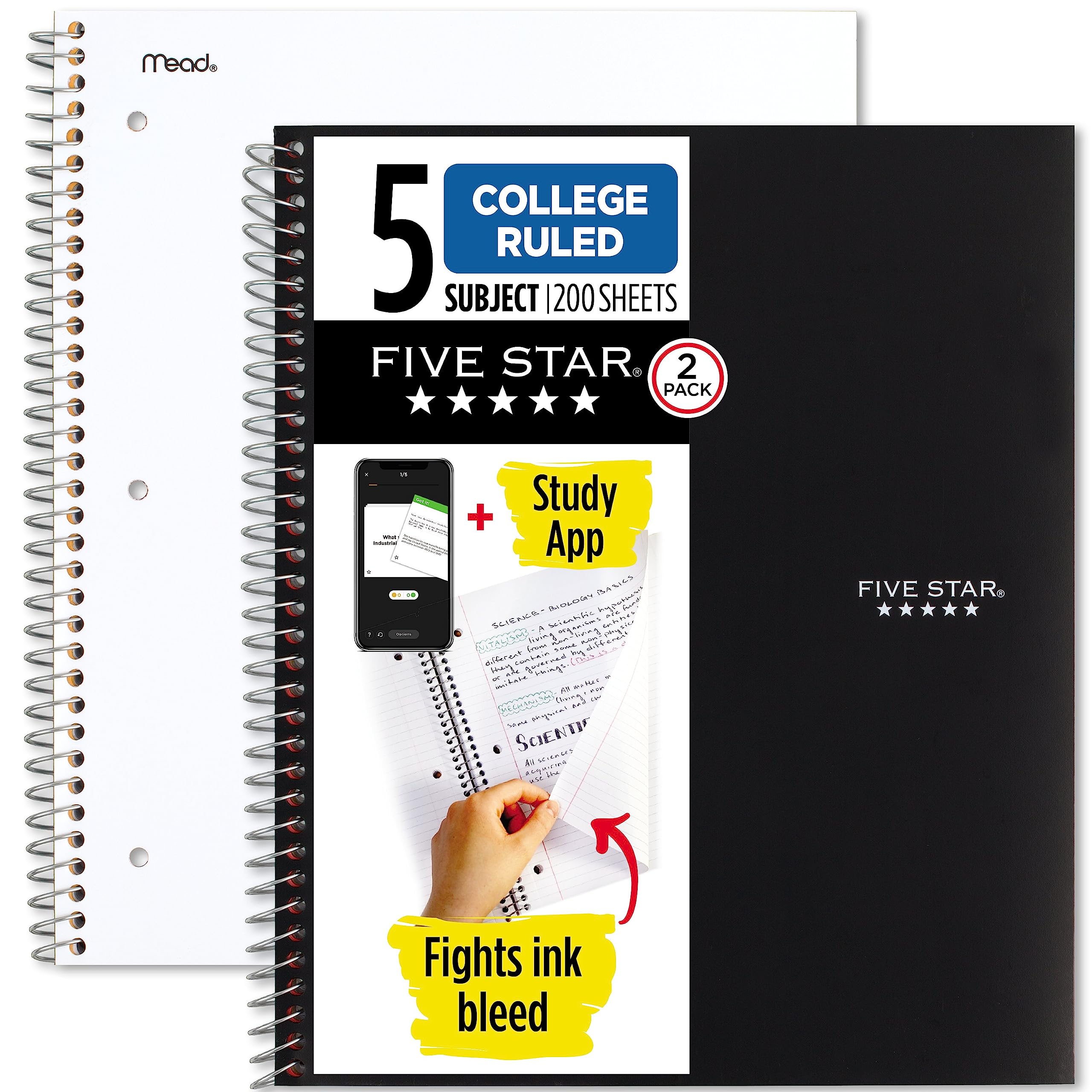 Five Star Spiral Notebooks Plus Study App, 2 Pack, 5 Subject, College Ruled Paper, 11" x 8-1/2", 200 Sheets, Black & White (73035)