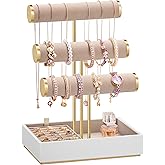 SONGMICS Bracelet Holder Stand, Jewelry Display Stand, Jewelry Organizer, with 3 Tiers and Velvet Tray, Removable Ring Holder, Cloud White and Camel Brown UJJS027A01