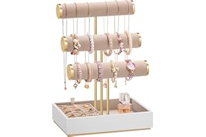 SONGMICS Bracelet Holder Stand, Jewelry Display Stand, Jewelry Organizer, with 3 Tiers and Velvet Tray, Removable Ring Holder, Cloud White and Camel Brown UJJS027A01