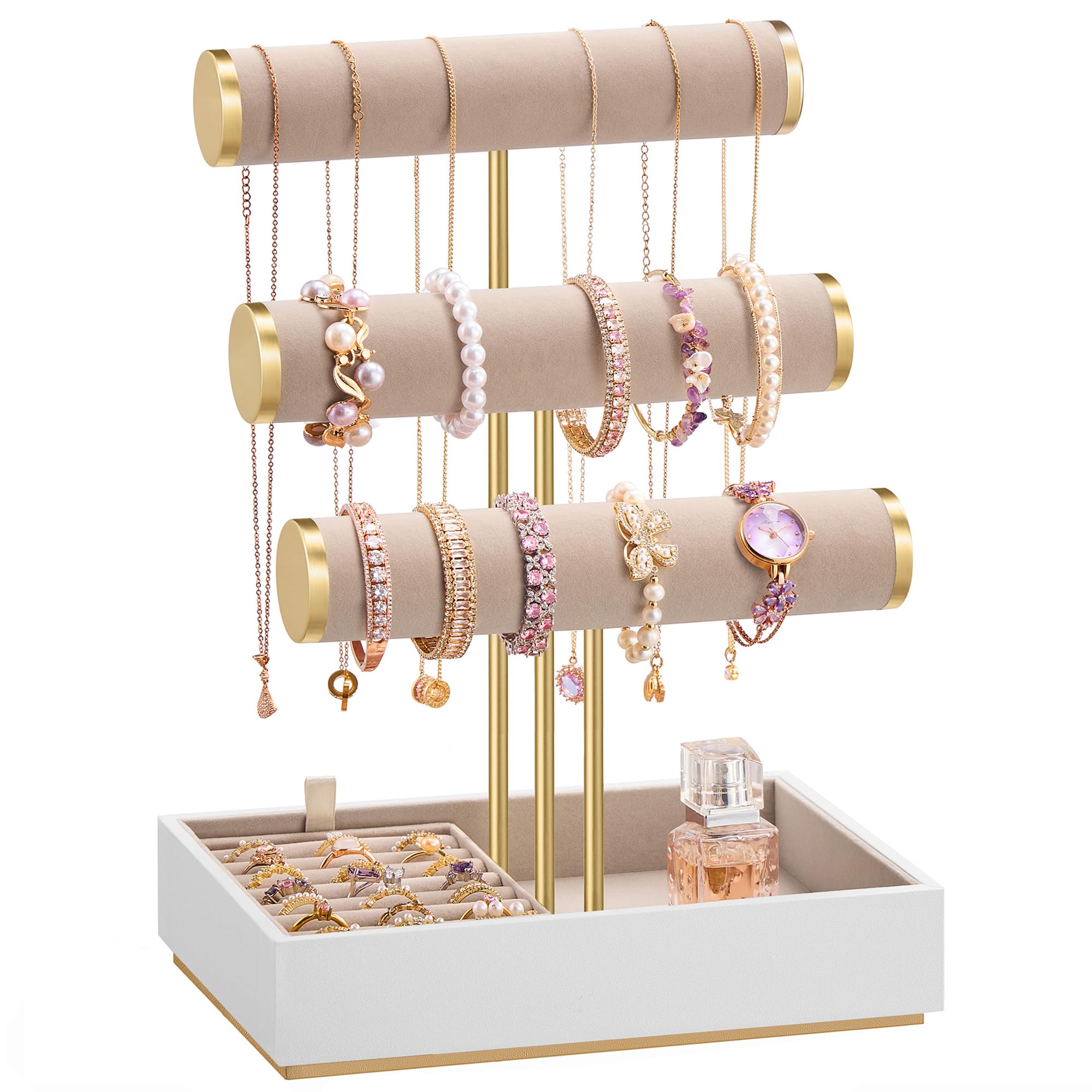 Photo 1 of **MISSING HARDWARE**
SONGMICS Bracelet Holder Stand, Jewelry Display Stand, Jewelry Organizer, with 3 Tiers and Velvet Tray, Removable Ring Holder, Cloud White and Camel Brown UJJS027A01
