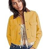 HangNiFang Cropped Barn Jacket for Women 2025 Contrast Collar Outwear Long Sleeve Cotton Short Cargo Jacket with Pockets