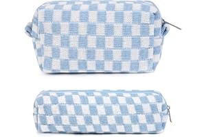 SOIDRAM Makeup Bag Checkered Cosmetic Bag Blue Makeup Pouch 1Pcs Large Capacity Makeup Bags and 1Pcs Makeup Brushes Storage Bag Travel Toiletry Bag Organizer