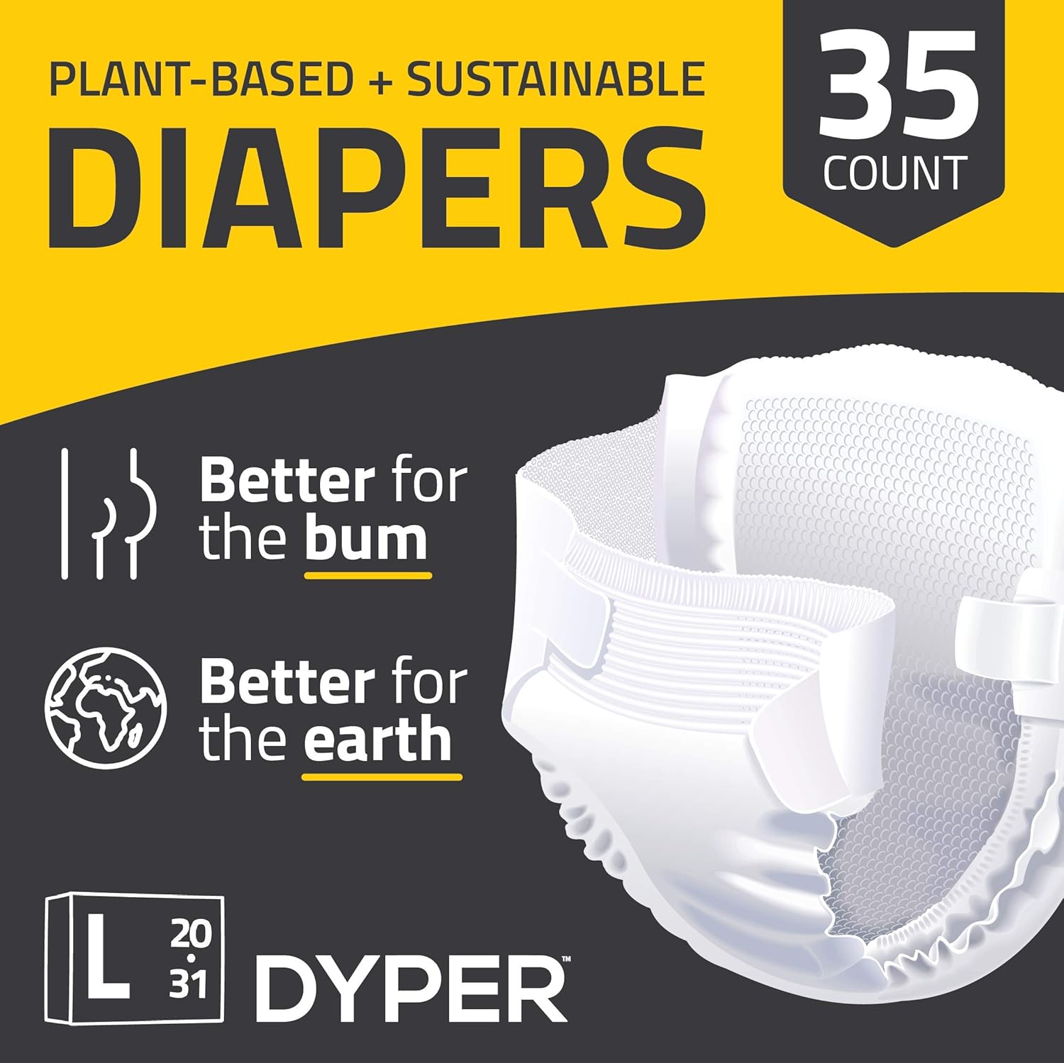 DYPER | Responsibly Sourced Bamboo Baby Diapers | Ink Free, Soft + Durable | Large | 20-31 lbs | 35 Count: Health & Personal Care