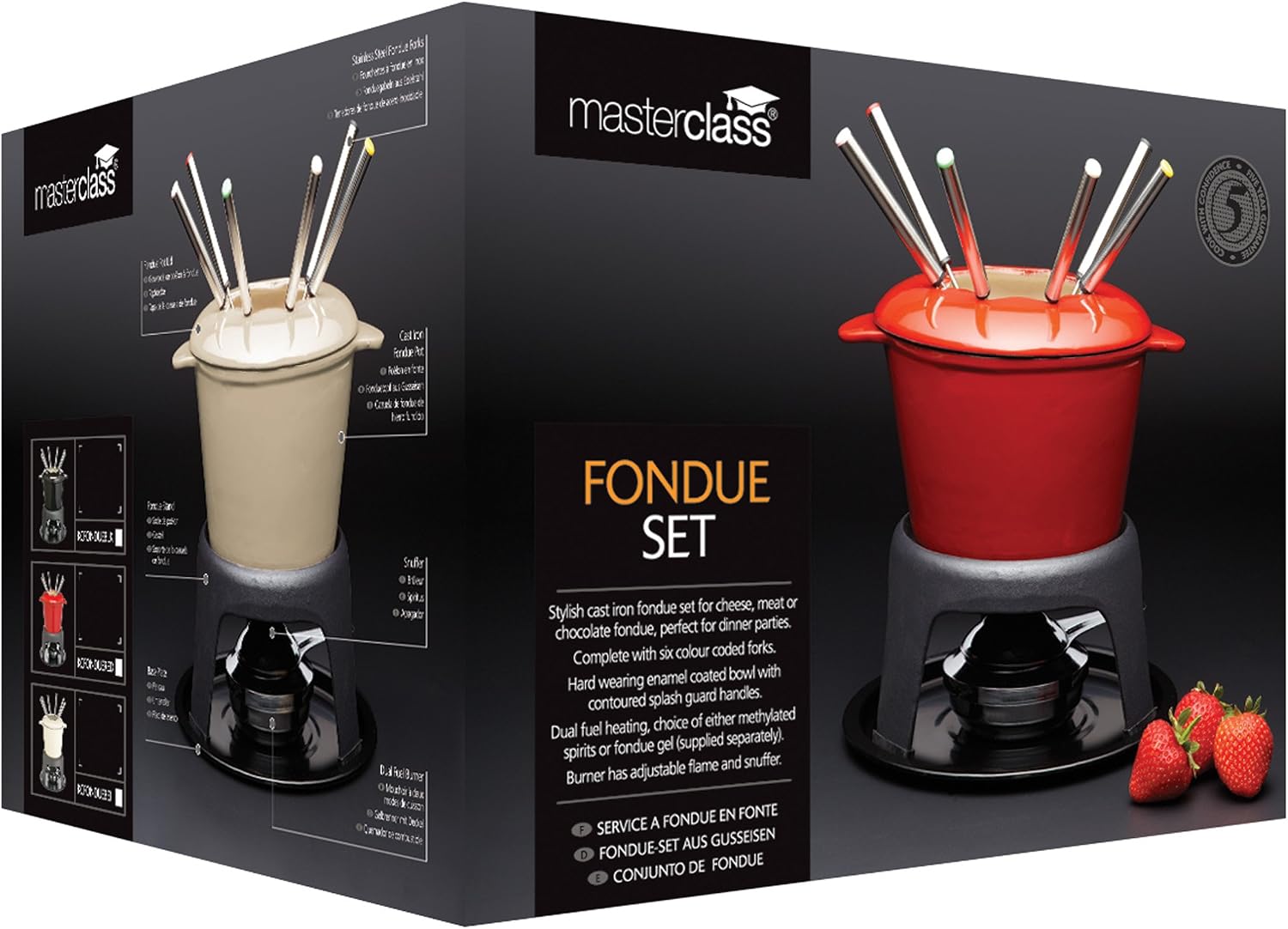MasterClass KCFONDUEBLK Cast Iron Meat / Cheese / Chocolate Fondue Set, 21 x 18 cm - Black - Image 3
