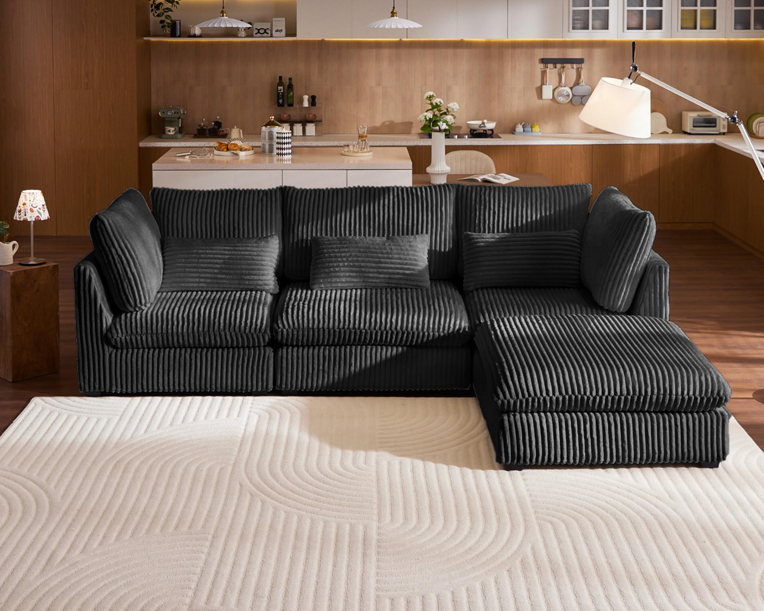 CHIC HOUSE 115 Oversize Corduroy Modular Sectional Sofa, Black