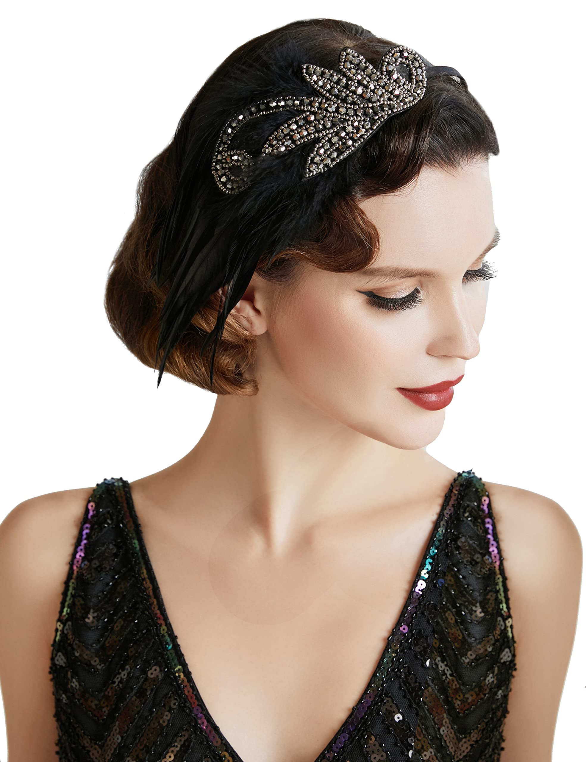 BABEYOND Vintage 1920s Headband 1920s Headpiece Feather Beaded Headband Crystal Flapper Headpiece Great Gatsby Costume Accessories Roaring 20's Accessories(Silver)