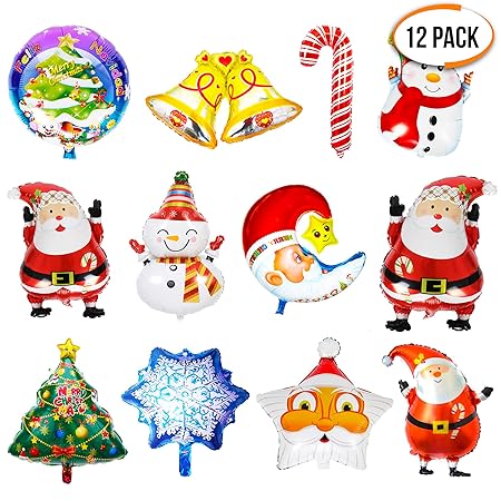 Palloncini In Foil A Tema Natalizio 12 Disegni Assortiti Albero Di Natale Stella Babbo Natale Pupazzo Di Neve Fiocco Di Neve E Campana Ideali