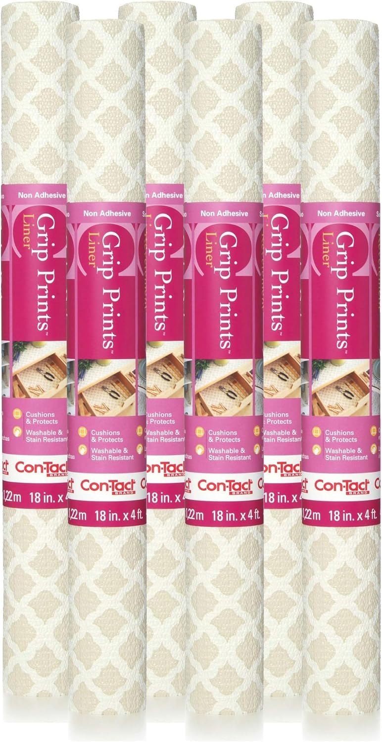 Con-Tact Brand Grip Prints Non-Adhesive Non-Slip Vinyl Liner For Shelf, Drawer and Counter Tops, 18-Inches by 4-Feet, Talisman Taupe, 6 Rolls