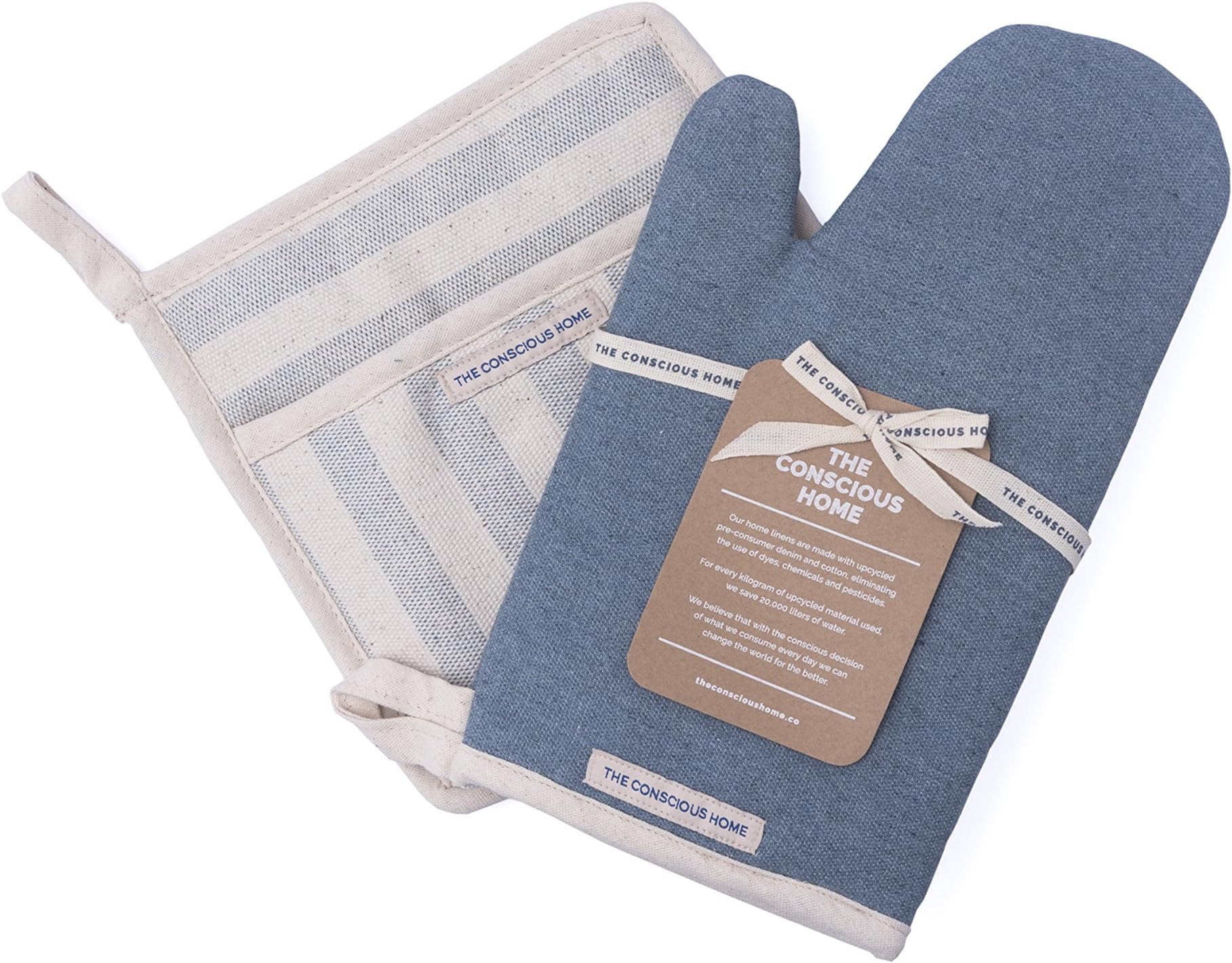 Kitchen Oven Mitts Pot Holders Set | Blue | Designer Oven Mitt Set, Eco Cotton and Denim | Set of 2