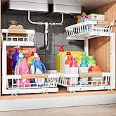 Under Sink Organizer, 2 Pack 2 Tier Under Sink Organizers and Storage, Slide Out Pull Out Cabinet Organizer Shelf, Height Adjustable Metal Drawer for Kitchen Bathroom Closet Organization Rack White