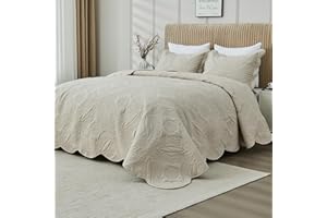 Kingnex Oversized King Bedspreads 128x120 for Extra Wide Tall King or Cal King Bed Ultrasonic Quilted Coverlet Set 3 Piece Include 1 Quilt 2 Pillowcases Beige