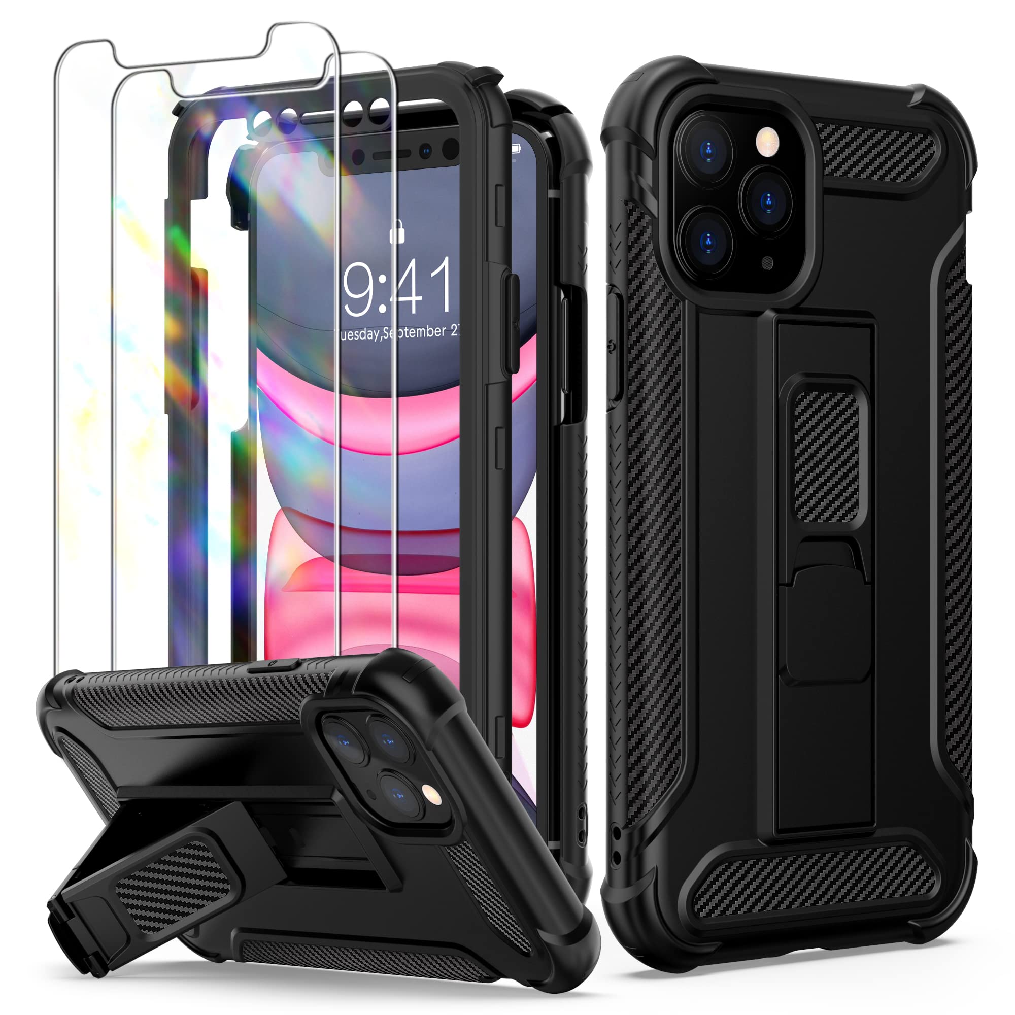 ORETECH Designed for iPhone 11 Pro Max Case, and [2 x Tempered Glass Screen Protectors] [Built-in Kickstand] Full Body Shockproof Protective Silicone TPU Bumper Cover - Black — image 1