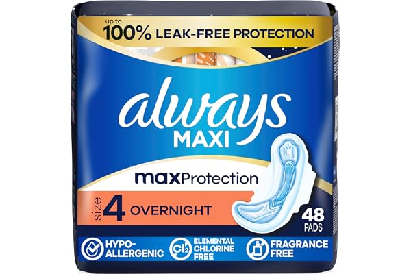 Always Maxi Pads for Women, Overnight Pad with Wings, Size 4, Unscented, 48 Count
