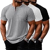Riyiper 3 Pack Men's Big and Tall Henley T-Shirts, Short Sleeve Pocket Cotton Loose Fit Shirt Summer Oversized Button Tee