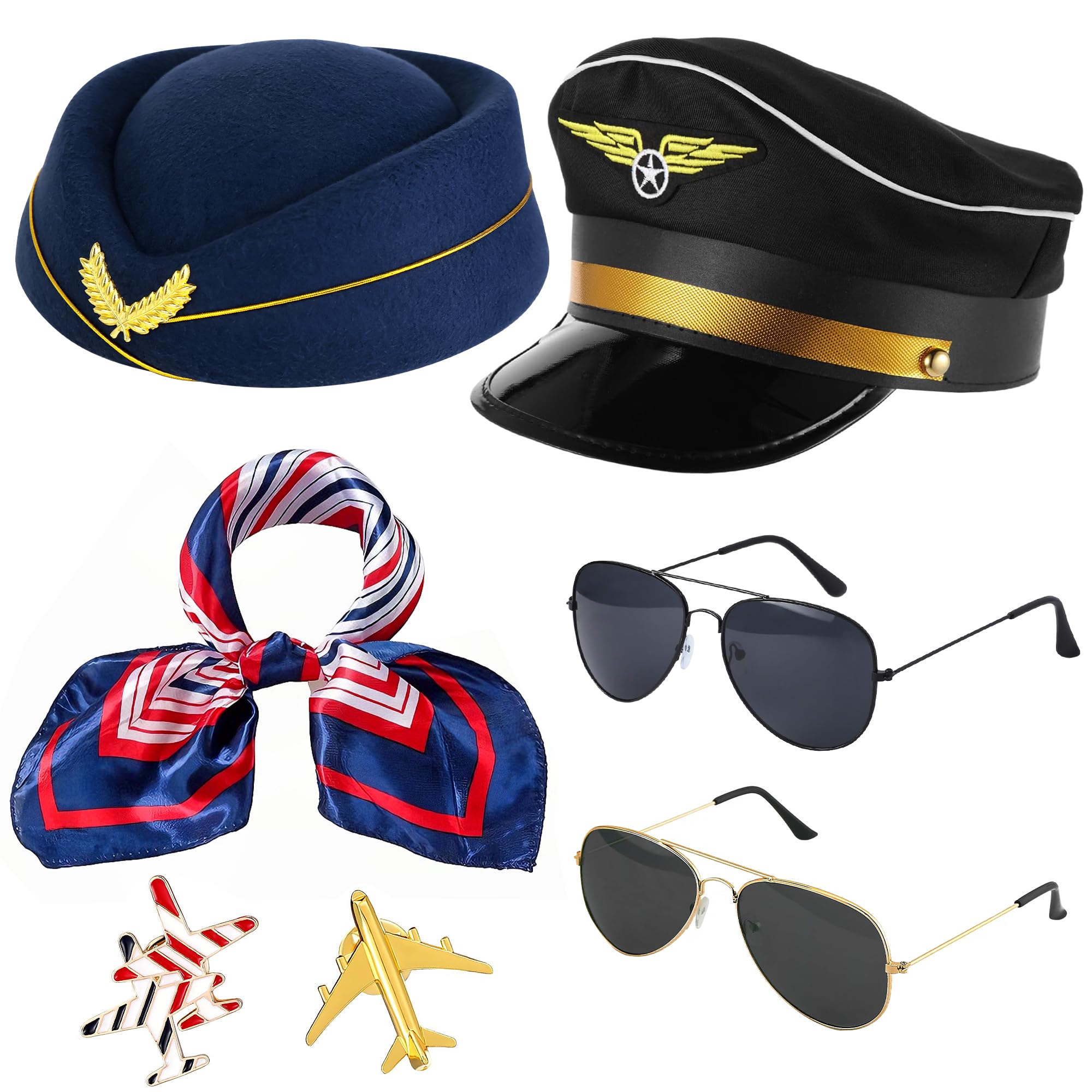 Vifcotlyp 7PCS Pilot Hat Accessories Adult Men, Flight Attendant Costume Accessories for Women Stewardess Costume with Pilot Captain Hats Aviator Hat for Halloween Dress Up