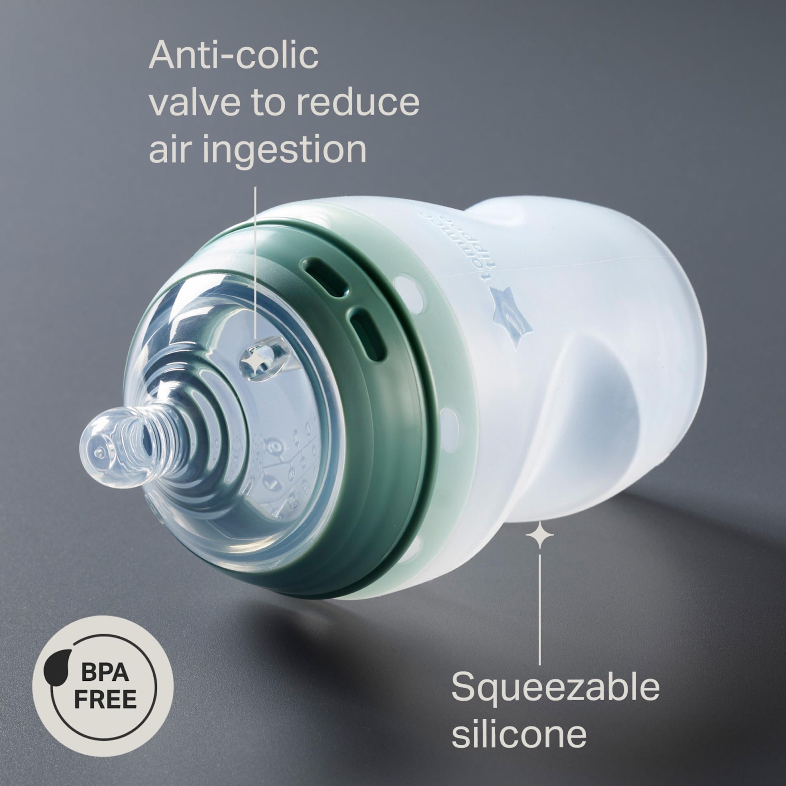 Tommee Tippee Natural Start Anti Colic 9 oz BPA Free Silicone Baby Bottles, 0+ Months, Silicone Feels Like Mother's Skin, Slow Flow Breast-Like Nipple, Clear, Pack of 2