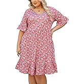 Celkuser Plus Size Summer Midi Casual Ruffle Short Sleeve Dress Lightweight Flowy Babydoll Beach Dress for Women with Pocket