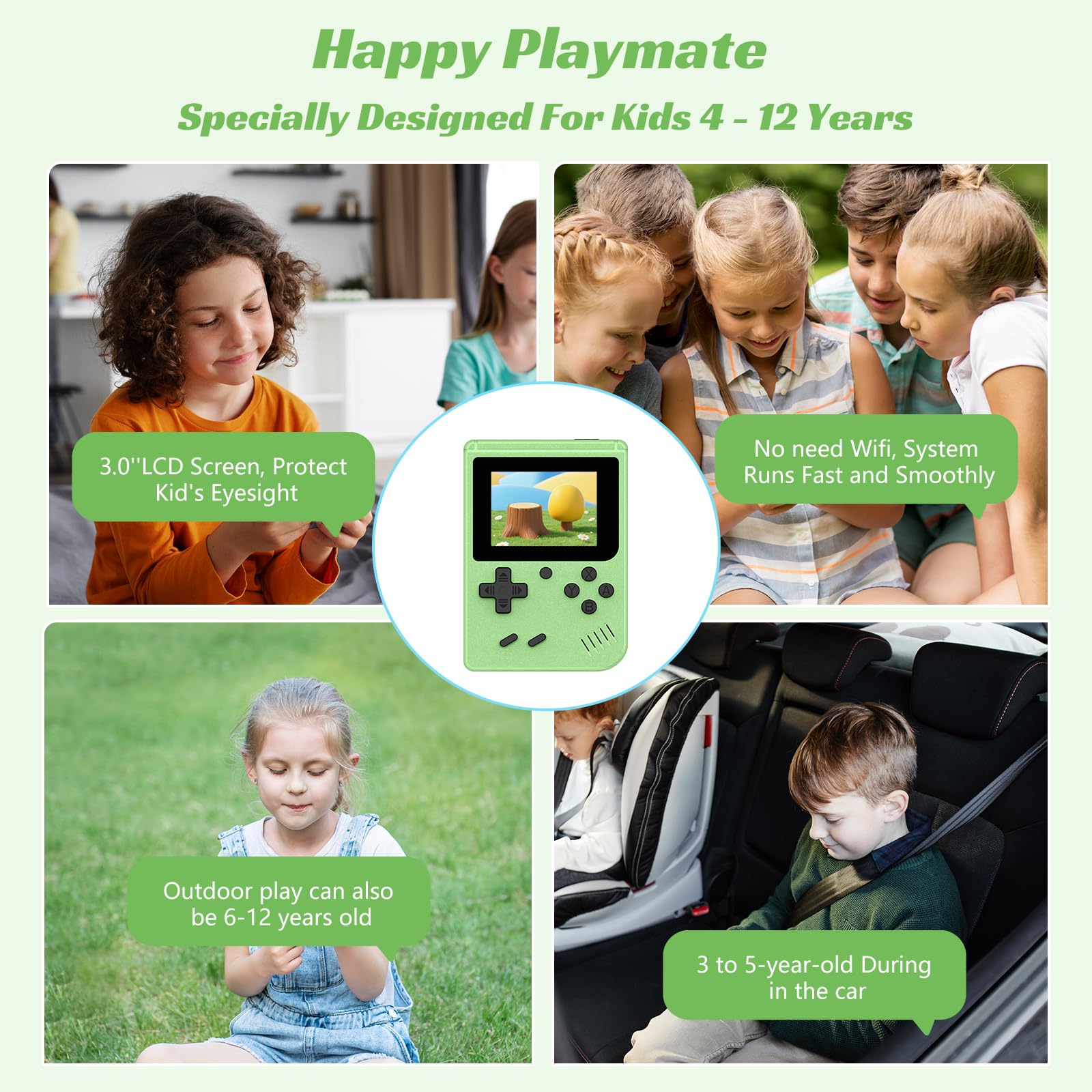 Retro Handheld Games Console, Built-in 400 Video Games,Portable Video Gaming Player with 3.0 Inch IPS Screen and Rechargeable Battery (Green)