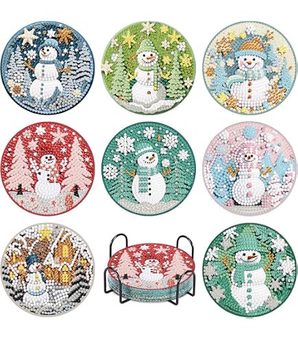 Christmas Diamond Painting Coasters Kit - 8 Gnome Coasters With Holder, DIY Art For Adults & Beginners, 4x4 Inch Non-Slip