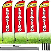 Buryeah 4 Sets 15ft Now Leasing Flags Banners for Advertising with Flagpole Ground Stake Portable Bag Feather Now Leasing Signs Banner for Business Advertising(Red)