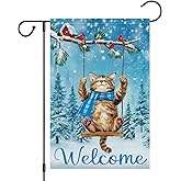 Heyfibro Winter Cute Cat Welcome Garden Flag 12x18 Inch Double Sided Burlap, Christmas Cardinal Snowflake Yard Flags for Seasonal Xmas Outside Outdoor Decoration (ONLY FLAG)