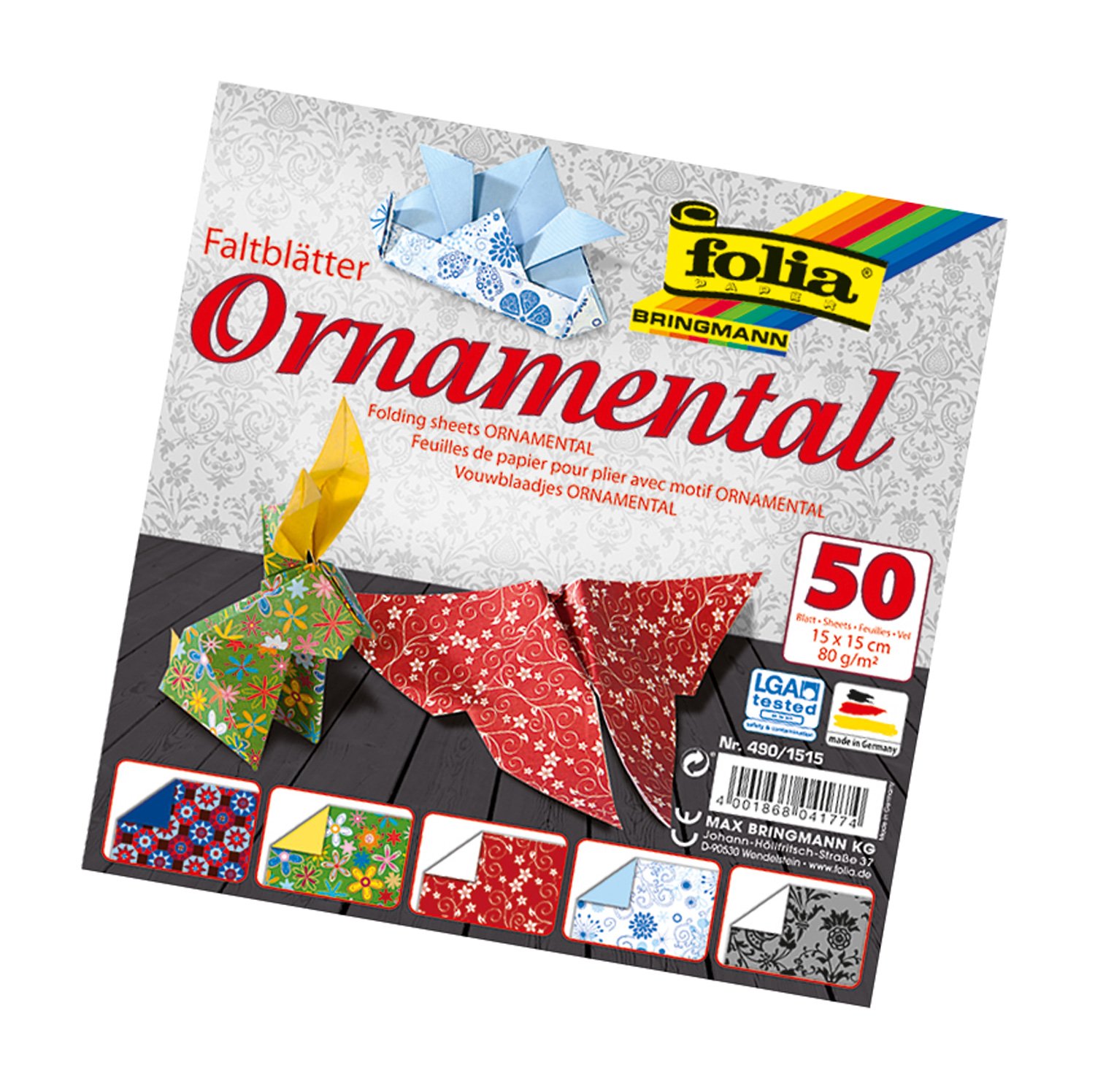 Bringmann Folia ornamental origami paper 80 g/m², 50 sheets in 5 designs, assorted, ORNAMENTAL 15x15cm, 15 x 15 cm