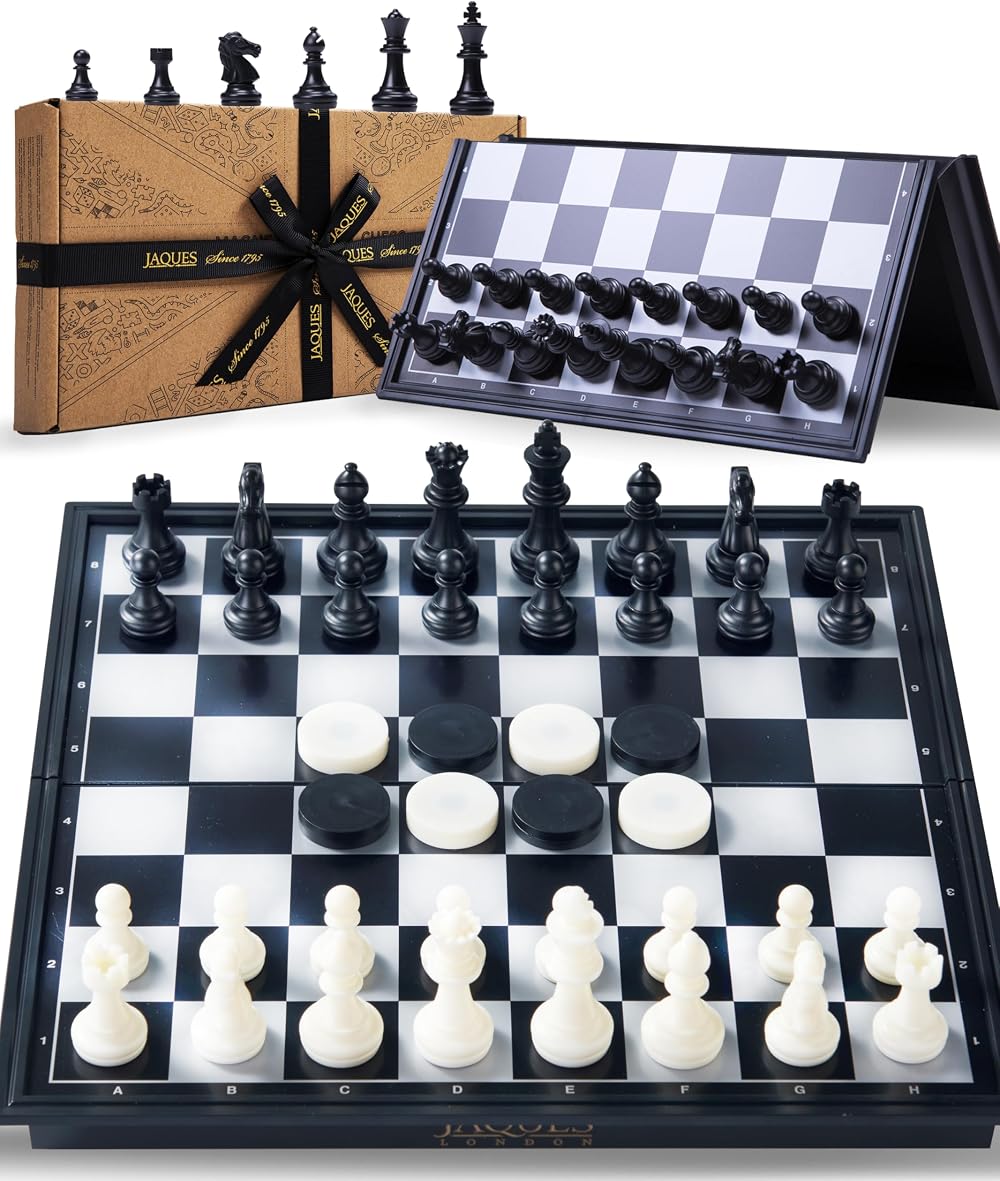 Jaques of London Magnetic Travel Chess & Draughts Set Folding Board Storage